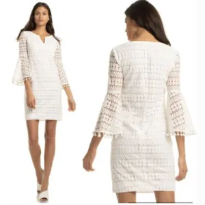 🎉HP🎉 Trina Turk Loomies Sz 2 White Mini Lace Dress Beaded Pom-Pom Fringe Trim
