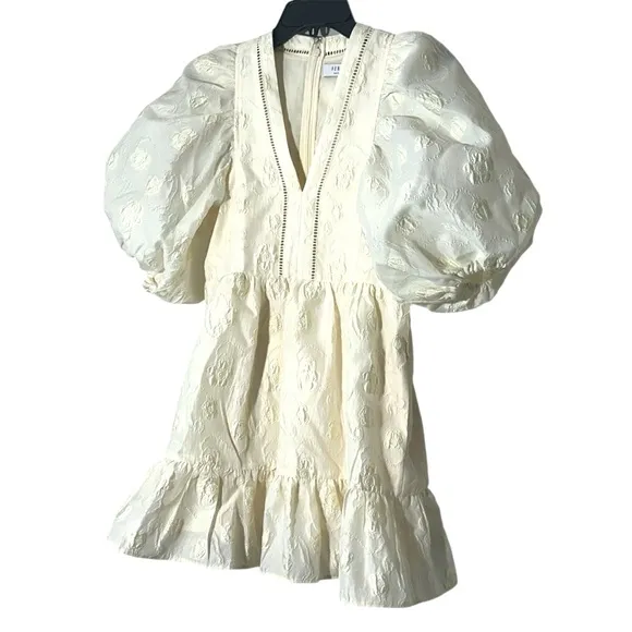 Hunter Bell Gaille Mini Dress Jacquard Ivory Flowers size XS Puff Sleeve Bridal