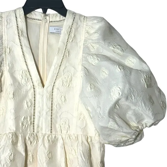 Hunter Bell Gaille Mini Dress Jacquard Ivory Flowers size XS Puff Sleeve Bridal