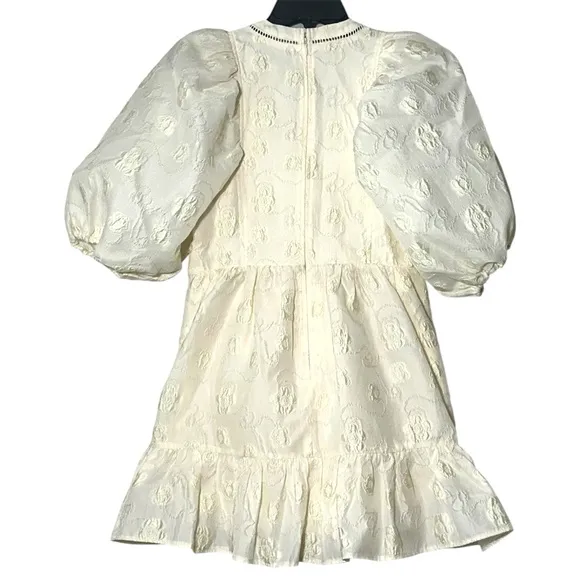 Hunter Bell Gaille Mini Dress Jacquard Ivory Flowers size XS Puff Sleeve Bridal