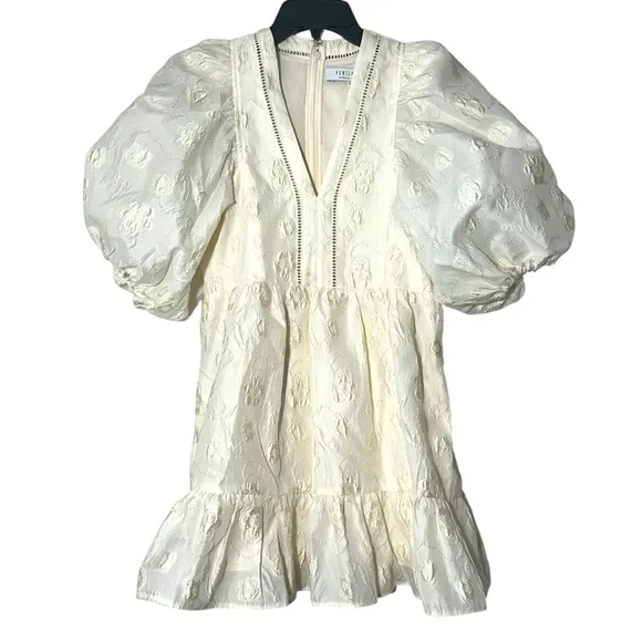 Hunter Bell Gaille Mini Dress Jacquard Ivory Flowers size XS Puff Sleeve Bridal