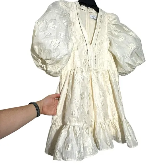Hunter Bell Gaille Mini Dress Jacquard Ivory Flowers size XS Puff Sleeve Bridal