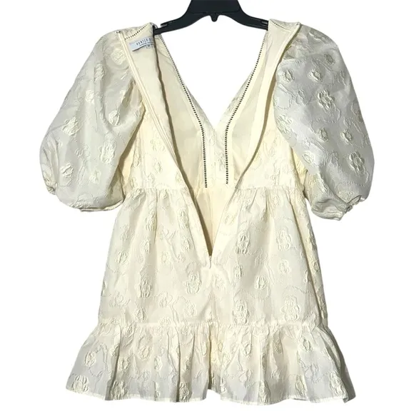 Hunter Bell Gaille Mini Dress Jacquard Ivory Flowers size XS Puff Sleeve Bridal