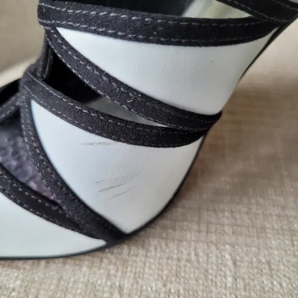 Ivanka Trump Shoes Derry Black &amp; White Leather Stiletto Heel Open Toe Si…