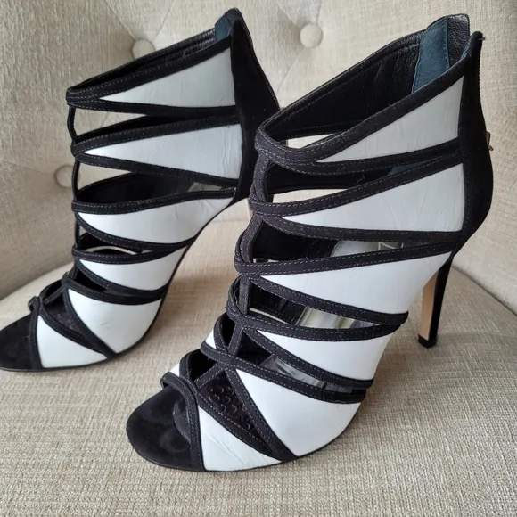 Ivanka Trump Shoes Derry Black &amp; White Leather Stiletto Heel Open Toe Si…