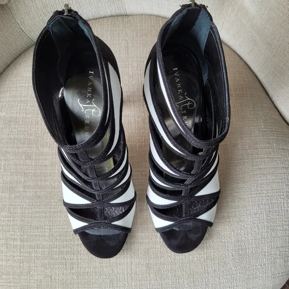 Ivanka Trump Shoes Derry Black &amp; White Leather Stiletto Heel Open Toe Si…