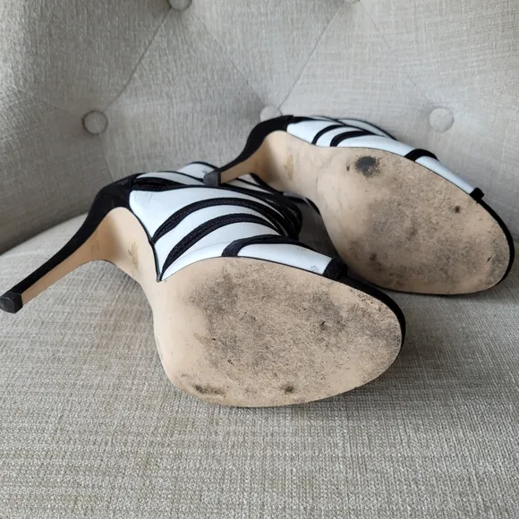 Ivanka Trump Shoes Derry Black &amp; White Leather Stiletto Heel Open Toe Si…