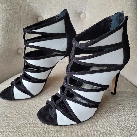 Ivanka Trump Shoes Derry Black &amp; White Leather Stiletto Heel Open Toe Si…