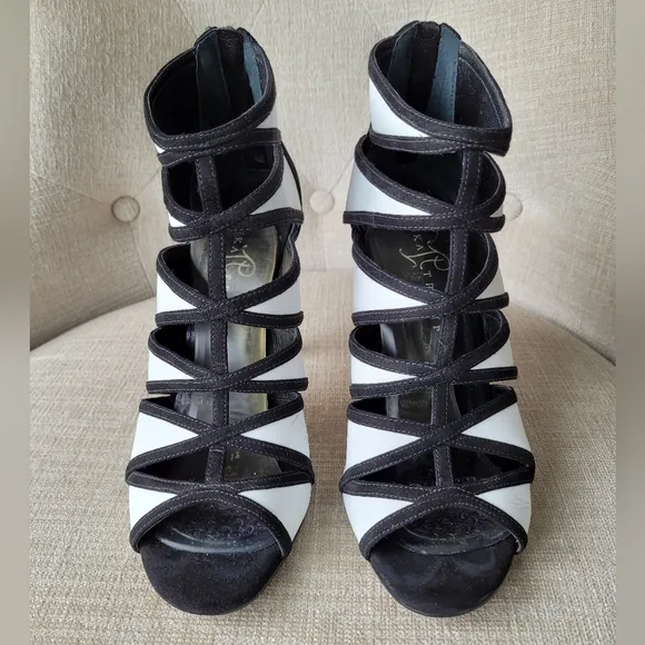 Ivanka Trump Shoes Derry Black &amp; White Leather Stiletto Heel Open Toe Si…