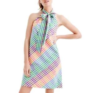 J Crew Gingham Stripe Multi Color Sleeveless Neck Tie Halter Mini Dress Size 4