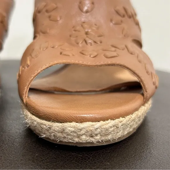 Jack Rogers Sophia Oak Brown Leather Wedge Whipstitch Heel Open Toe Sandals 7 M
