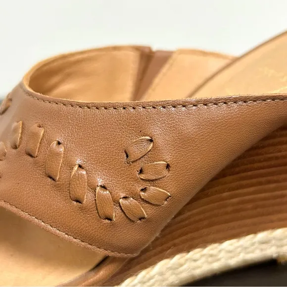 Jack Rogers Sophia Oak Brown Leather Wedge Whipstitch Heel Open Toe Sandals 7 M