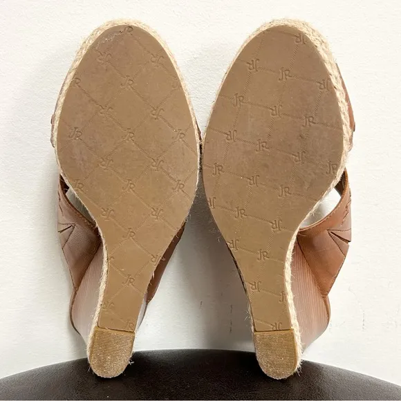 Jack Rogers Sophia Oak Brown Leather Wedge Whipstitch Heel Open Toe Sandals 7 M