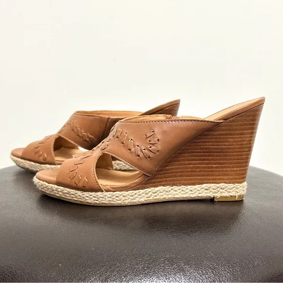 Jack Rogers Sophia Oak Brown Leather Wedge Whipstitch Heel Open Toe Sandals 7 M