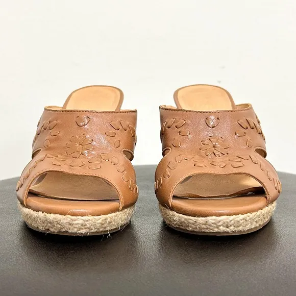 Jack Rogers Sophia Oak Brown Leather Wedge Whipstitch Heel Open Toe Sandals 7 M