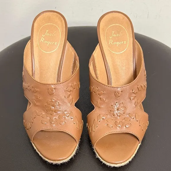 Jack Rogers Sophia Oak Brown Leather Wedge Whipstitch Heel Open Toe Sandals 7 M