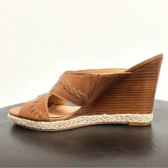 Jack Rogers Sophia Oak Brown Leather Wedge Whipstitch Heel Open Toe Sandals 7 M