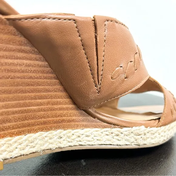 Jack Rogers Sophia Oak Brown Leather Wedge Whipstitch Heel Open Toe Sandals 7 M