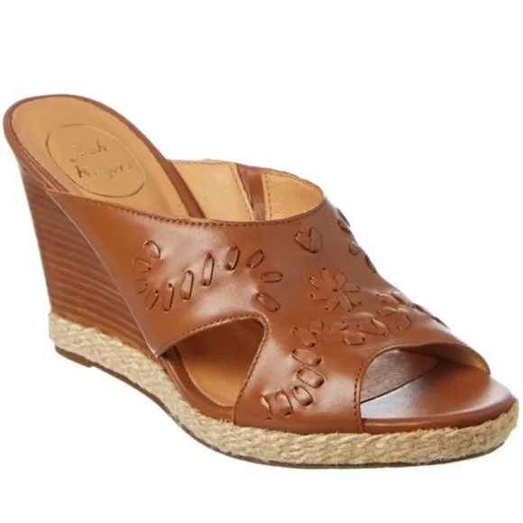 Jack Rogers Sophia Oak Brown Leather Wedge Whipstitch Heel Open Toe Sandals 7 M