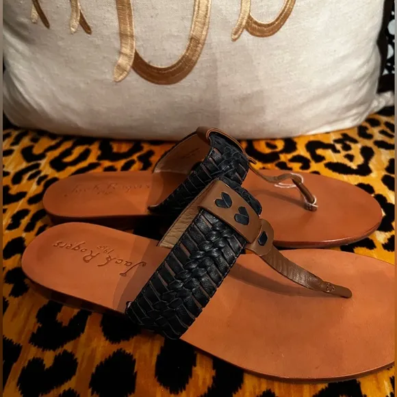 JACK ROGERS Tinsley Demi Wedge Leather Navy &amp; Brown Sandal