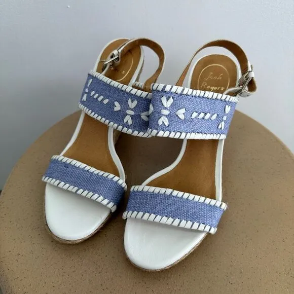 Jack Rogers Vanessa Blue and White Espadrille Wedge Open Toe Sandal