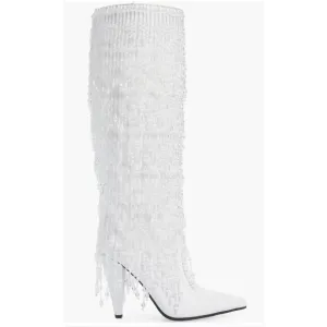 Jeffrey Campbell Fallin4U Tall White Beaded Leather Heeled Boot 6