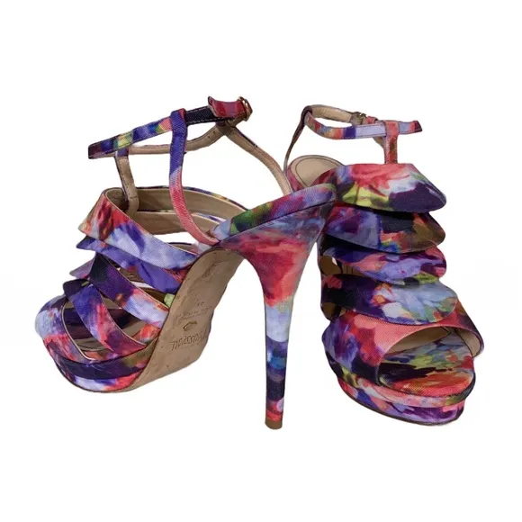JEROME C ROUSSEAU MULTI-COLOR FABRIC COVERED &quot;QUORRA&quot; RUFFLE STILETTO HEELS (41)