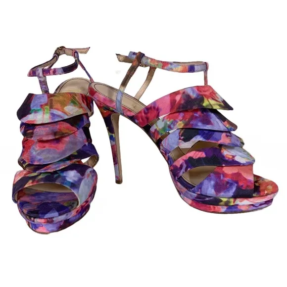 JEROME C ROUSSEAU MULTI-COLOR FABRIC COVERED &quot;QUORRA&quot; RUFFLE STILETTO HEELS (41)