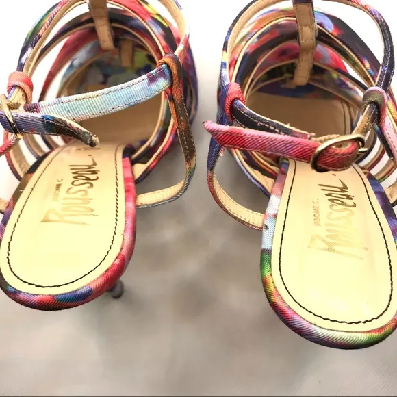 JEROME C ROUSSEAU MULTI-COLOR FABRIC COVERED &quot;QUORRA&quot; RUFFLE STILETTO HEELS (41)
