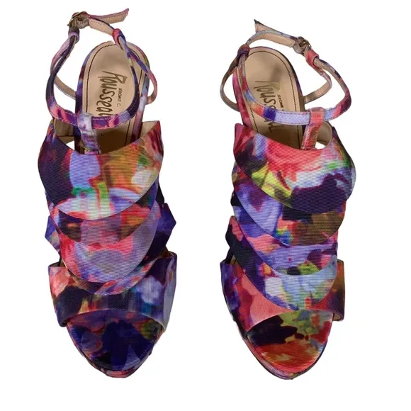 JEROME C ROUSSEAU MULTI-COLOR FABRIC COVERED &quot;QUORRA&quot; RUFFLE STILETTO HEELS (41)