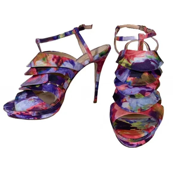 JEROME C ROUSSEAU MULTI-COLOR FABRIC COVERED &quot;QUORRA&quot; RUFFLE STILETTO HEELS (41)