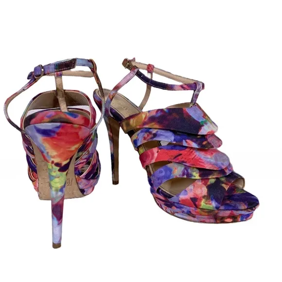 JEROME C ROUSSEAU MULTI-COLOR FABRIC COVERED &quot;QUORRA&quot; RUFFLE STILETTO HEELS (41)