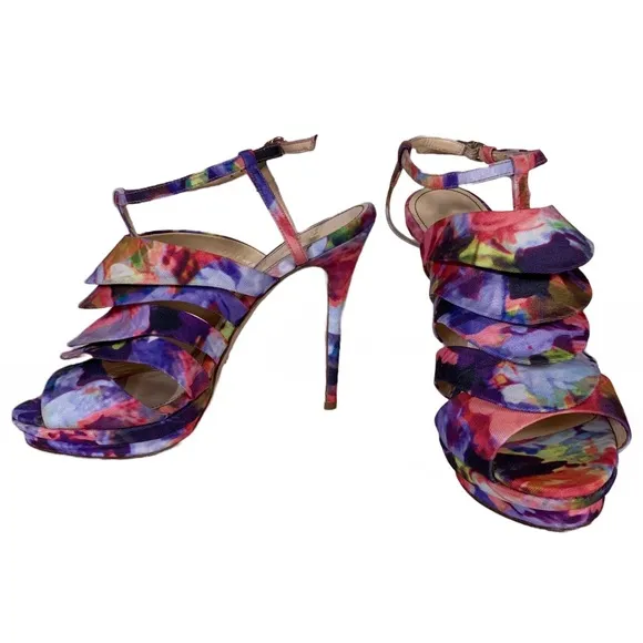 JEROME C ROUSSEAU MULTI-COLOR FABRIC COVERED &quot;QUORRA&quot; RUFFLE STILETTO HEELS (41)