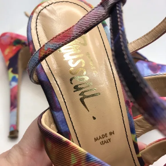JEROME C ROUSSEAU MULTI-COLOR FABRIC COVERED &quot;QUORRA&quot; RUFFLE STILETTO HEELS (41)