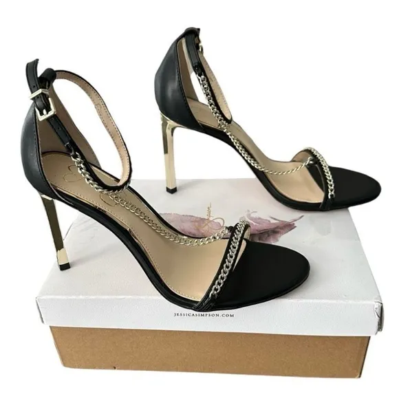 Jessica Simpson Black Chain Strap Heels Italia Napa Style JS - QIVEN Women’s 8.5