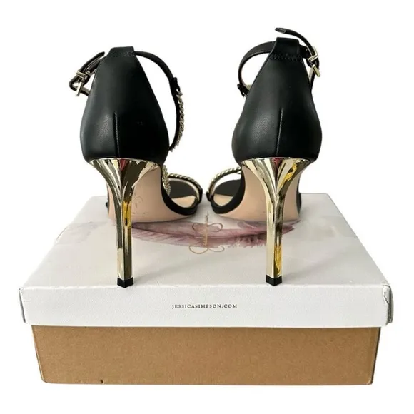 Jessica Simpson Black Chain Strap Heels Italia Napa Style JS - QIVEN Women’s 8.5