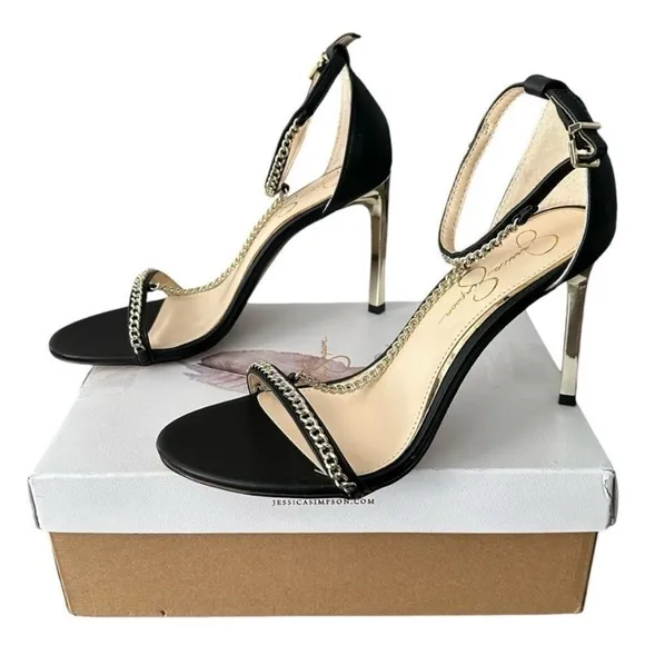 Jessica Simpson Black Chain Strap Heels Italia Napa Style JS - QIVEN Women’s 8.5