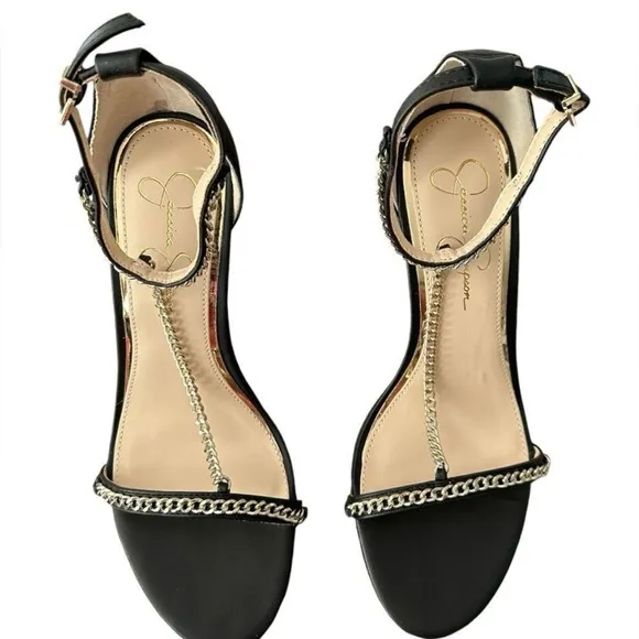Jessica Simpson Black Chain Strap Heels Italia Napa Style JS - QIVEN Women’s 8.5