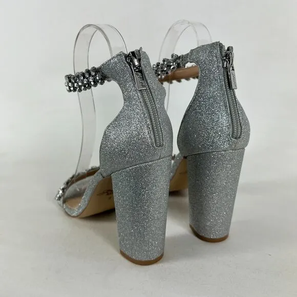 Jewel Badgley Mischka Mayra Heels Women's 8 Silver Zipper Ankle Strap Rhinestone