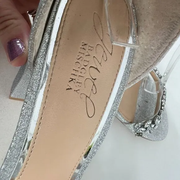 Jewel Badgley Mischka Mayra Heels Women's 8 Silver Zipper Ankle Strap Rhinestone