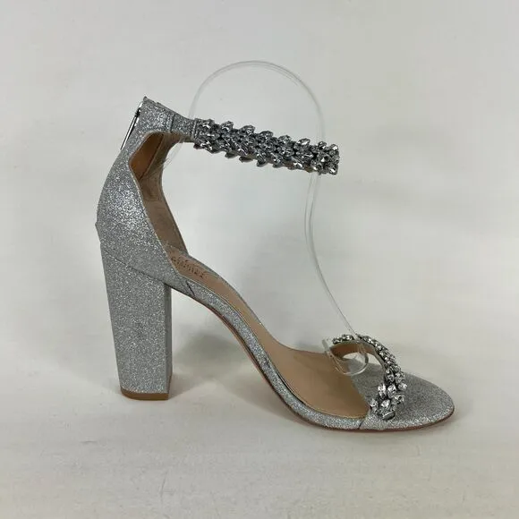 Jewel Badgley Mischka Mayra Heels Women's 8 Silver Zipper Ankle Strap Rhinestone