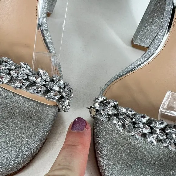 Jewel Badgley Mischka Mayra Heels Women's 8 Silver Zipper Ankle Strap Rhinestone