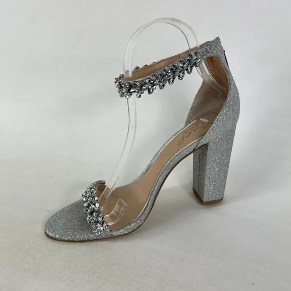 Jewel Badgley Mischka Mayra Heels Women's 8 Silver Zipper Ankle Strap Rhinestone