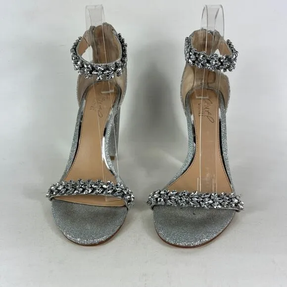 Jewel Badgley Mischka Mayra Heels Women's 8 Silver Zipper Ankle Strap Rhinestone