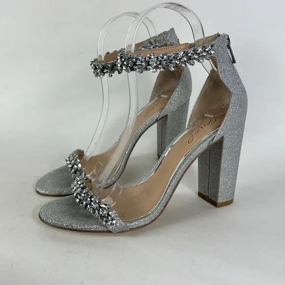 Jewel Badgley Mischka Mayra Heels Women's 8 Silver Zipper Ankle Strap Rhinestone
