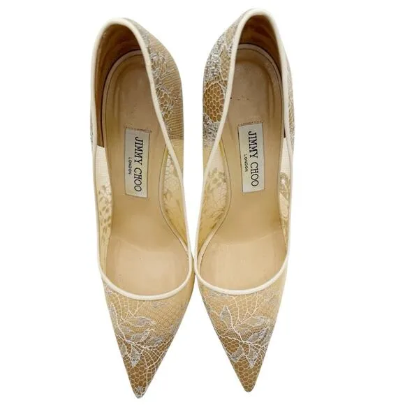 Jimmy Choo Abel Ivory White Lace Pointed Toe Heels Bridal Wedding Pumps EU 39