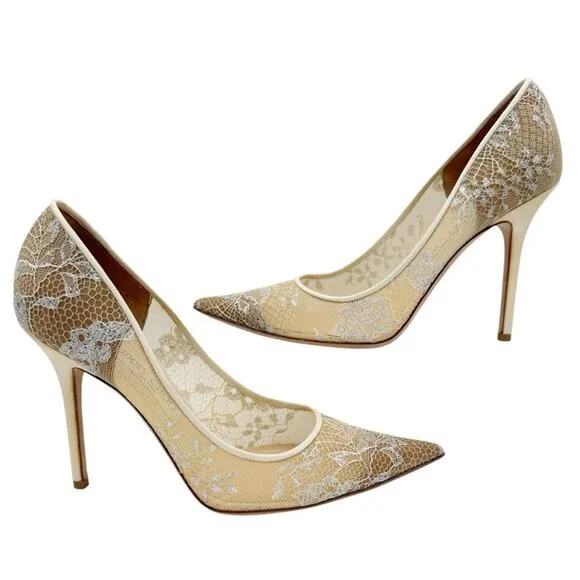 Jimmy Choo Abel Ivory White Lace Pointed Toe Heels Bridal Wedding Pumps EU 39