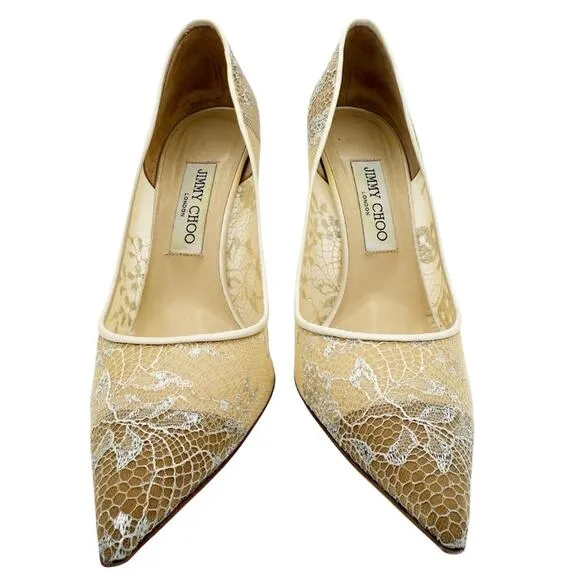 Jimmy Choo Abel Ivory White Lace Pointed Toe Heels Bridal Wedding Pumps EU 39