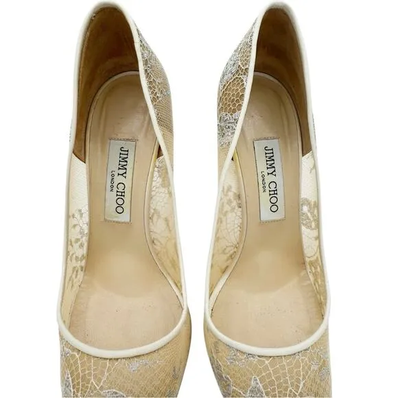Jimmy Choo Abel Ivory White Lace Pointed Toe Heels Bridal Wedding Pumps EU 39