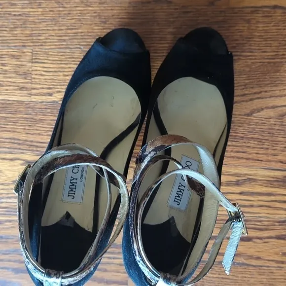 Jimmy Choo black suede platform heels snake ankle strap Office Siren EUC Sz 7.5